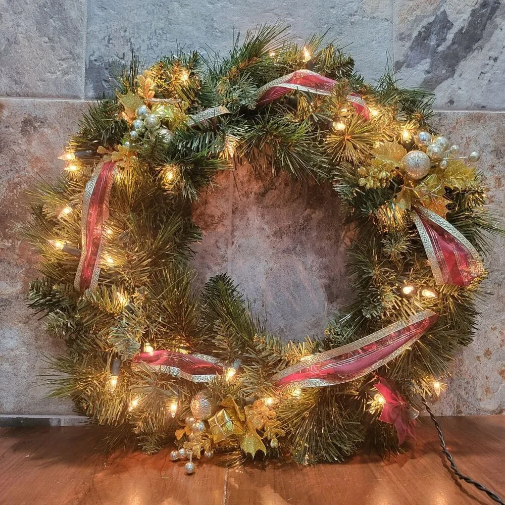 Pre Lit Artificial Christmas Wreath Green White Lights Gold Accent Decorations
